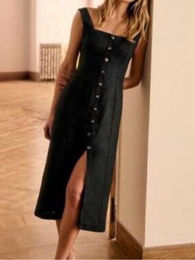 Sezane “Donna Dress” Black Button-Front Square Neck Midi Dress